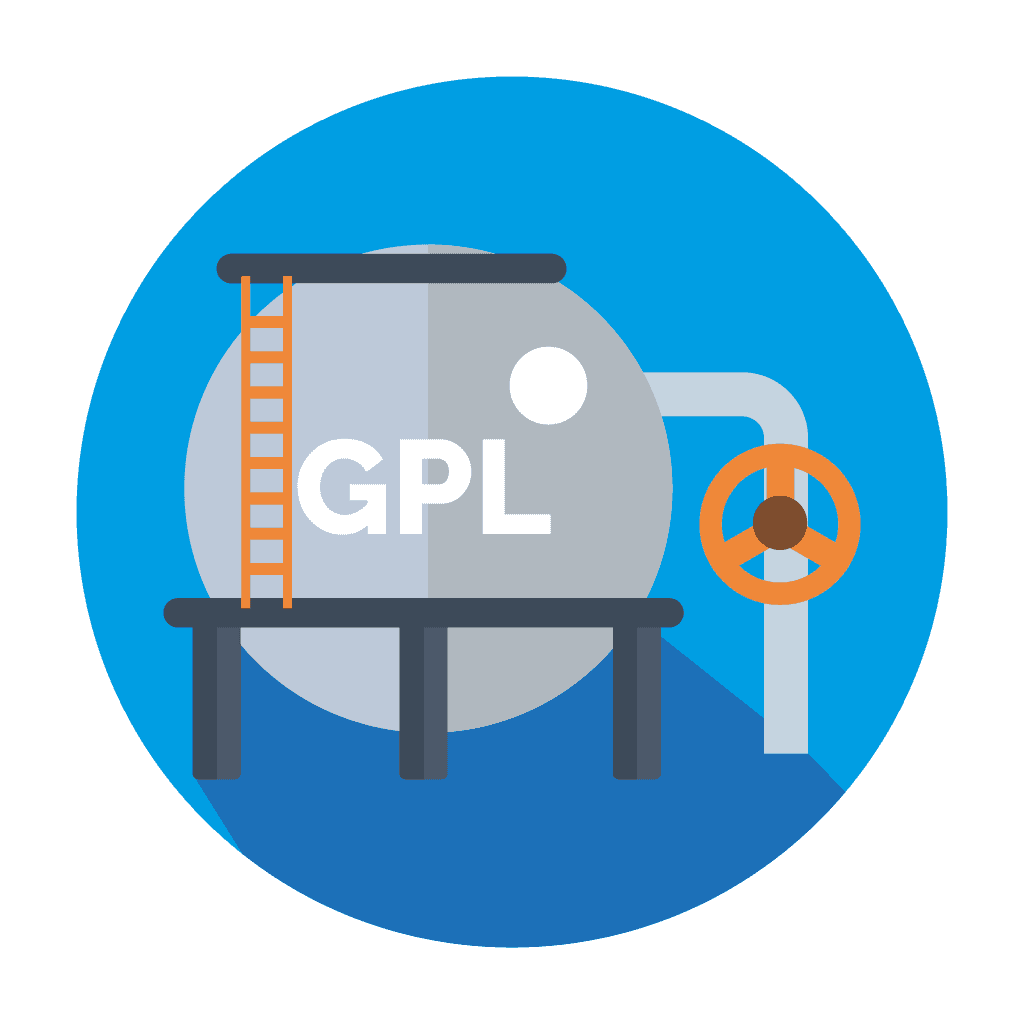 Ícone de reservatório de GPL com válvula e tubagem para armazenamento de gás de petróleo liquefeito. Medição e Controlo de Fluidos